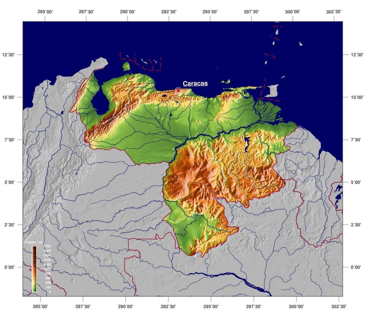 מפה של מפה פיזית של ונצואלה
